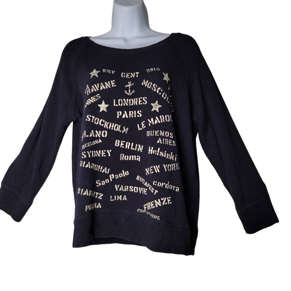 J Crew Navy Paris Cities Graphic Sweater Women's Small 100% Cotton‎ Nautical